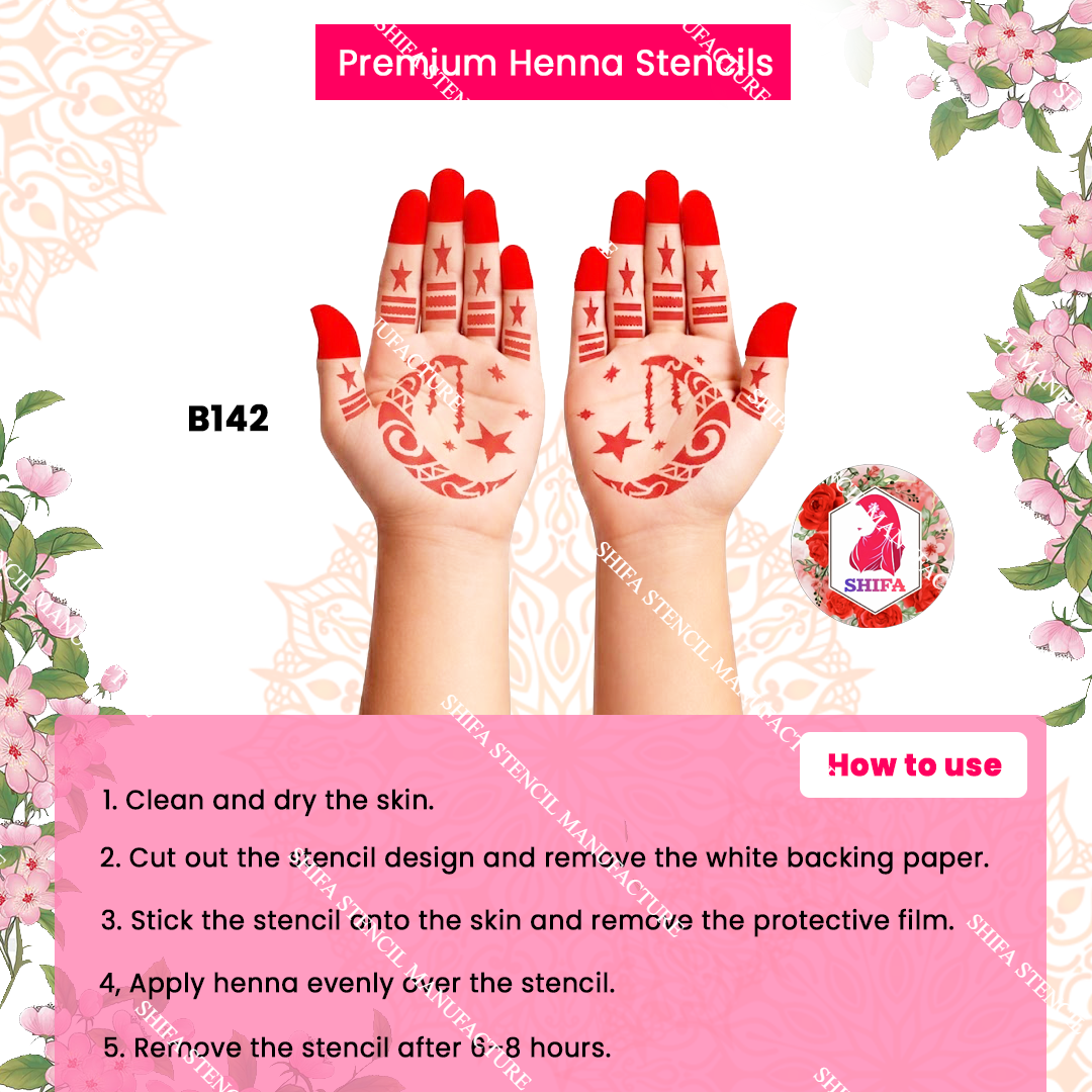 B142 (age 5 to 10) Celestial Swirl Crescent Magic Double Hand Henna Stencil